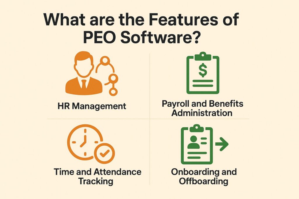 1. Streamlines HR Processes
PEO software makes managing HR tasks easier for businesses by simplifying administrative work.
This automation includes managing employee records, such as personal information, performance reviews, and job history. This section includes managing benefits, simplifying tasks like dealing with health insurance, retirement plans, and employee rewards.
This software stays updated with rule changes to prevent legal issues and maintain HR compliance. Adopting digital changes in HR is important because it makes organizations work better. This helps companies use their resources well, improve data accuracy, and have a more adaptable workforce, resulting in consistent growth and outpacing competitors.
2. Handles Payroll and Benefits Management
PEO software handles payroll and benefits tasks, simplifying how businesses manage employee pay and follow tax laws.
By streamlining these essential functions, this software significantly reduces the risk of human errors that often accompany manual payroll systems. It makes payroll simpler by ensuring calculations are accurate and timely, saving important administrative resources.
Employee self-service portals allow workers to check their own payroll information and benefits details, promoting more openness and happiness. The integration capabilities of such software allow seamless alignment with other HR operations, ensuring that all data remains coherent and up-to-date.
This method makes payroll processing easier and helps organizations meet changing payroll tax rules. See also: how PEO services can be managed cost-effectively while maintaining quality.
3. Improves Compliance and Risk Management
Using PEO software significantly improves compliance and risk management, helping businesses stay ahead of changing labor laws and regulations.
This software package includes strong features that simplify tasks related to labor law compliance and EEO reporting, helping organizations easily fulfill their legal responsibilities.
By using technology to manage the paperwork and reports needed for fair job opportunities, including programs for diversity, these tools significantly reduce the chances of human errors.
Using risk mitigation strategies is important for protecting businesses from expensive fines due to non-compliance.
Keeping accurate records and quickly addressing changes in rules encourages accountability and improves how well things run.
Businesses can be confident that PEO software helps protect them from unexpected legal responsibilities by using flexible compliance features.
4. Enhances Employee Self-Service
PEO software improves employee self-service, letting employees view their details and handle benefits enrollment, benefits compliance, and leave management through an easy-to-use interface.
This method allows employees to feel more included and satisfied, as they can easily view their records, make informed decisions about their benefits, and update their details immediately without delay.
When employees take care of their own HR tasks, like checking their employment details and managing their pay, they usually feel more confident and valued by their company. This seamless access reduces the administrative burden on HR teams, enabling them to focus on strategic initiatives rather than repetitive inquiries.
As a result, the improved self-service feature makes tasks easier and creates a better workplace where employees feel supported and informed.
What are the Features of PEO Software?
PEO software offers tools that help with HR management, payroll handling, and analyzing employee data, making it a useful asset for companies. For a deeper understanding of how different PEO solutions compare, our PEO Comparison Guide: TriNet vs ADP vs Justworks provides a detailed analysis.